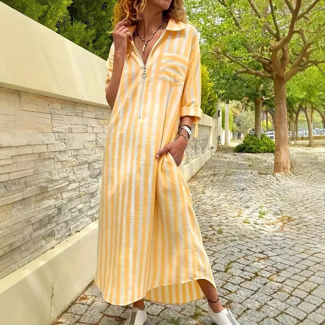 Elegant Casual Striped Shirt Dress with Zip Pockets Long Sleeve Blouse Top Dresses for Spring Summer