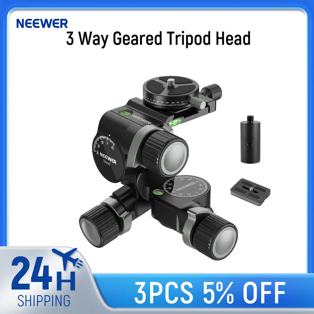 NEEWER 3 Way Geared Tripod Head with 360° Pan Arca QR Plate Millimeter Micro Adjustment, Aluminum Alloy 3 Axis Pan Tilt Head