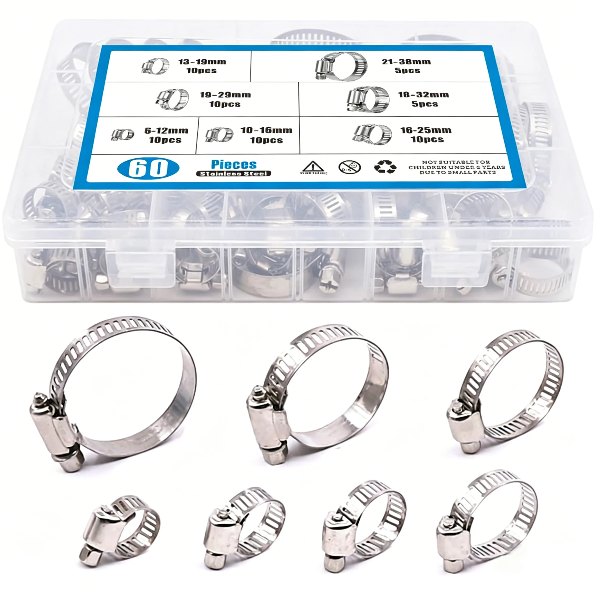 60/80/90pcs Adjustable Stainless Steel Hose Clamps Assortment Kit Worm Gear Pipe 6-38mm for Plumbing Mechanical Connections