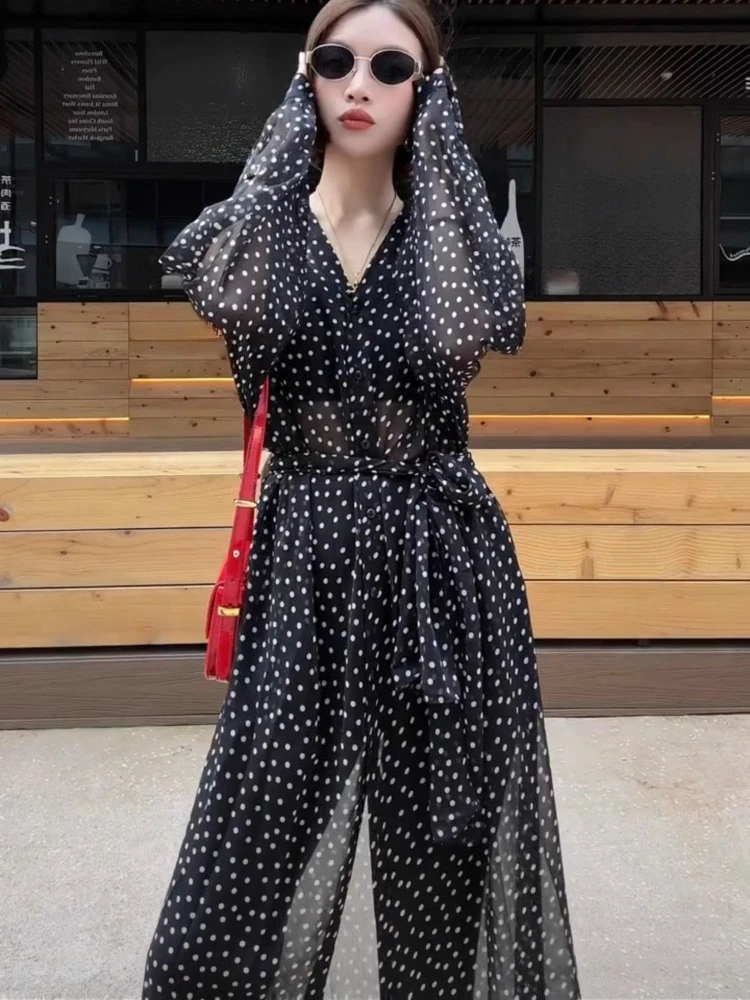 High End Black V-neck Polka Dot Dress For Women Spring Summer 2026 New Style Slim Waist Protection Cover Long Dresses Clothing