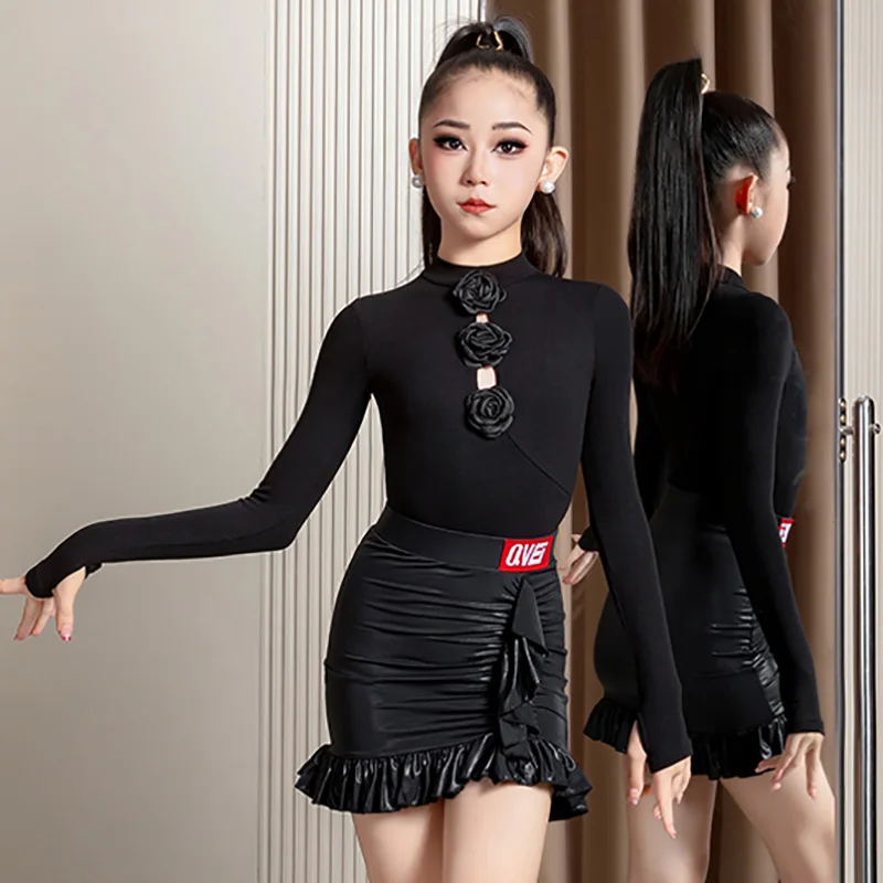 أزياء الرقص اللاتينية للأطفال البنات باللون الأخضر، بدلة للجسم على شكل زهرة وتنانير قصيرة للأطفال، ملابس رقص أداء رومبا