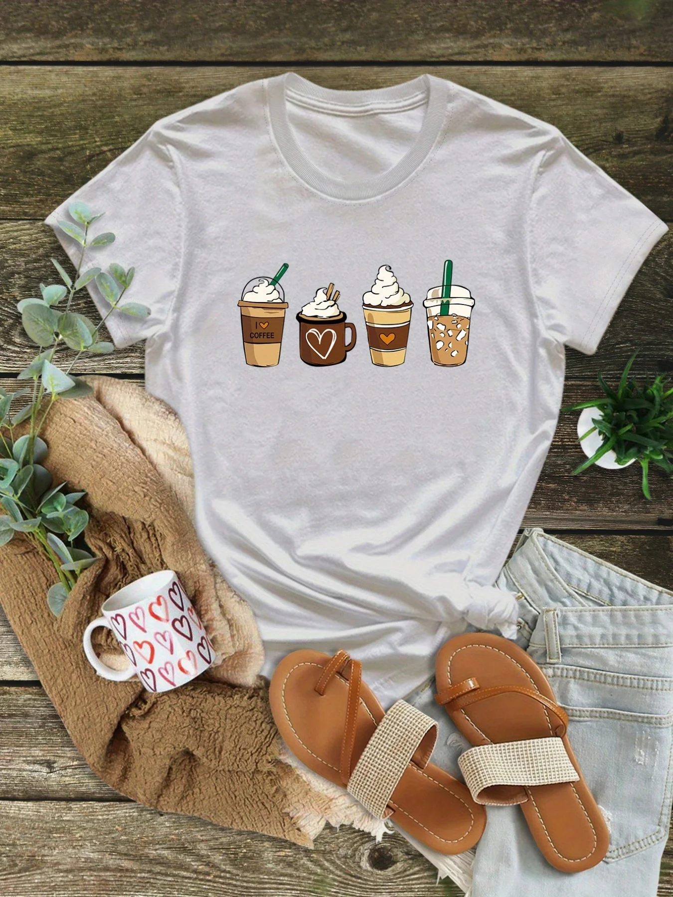 

Футболка с кофейным принтом и круглым вырезом, повседневные топы с короткими рукавами на каждый день, женская одежда, летняя уличная одежда в стиле Харадзюку с короткими рукавами