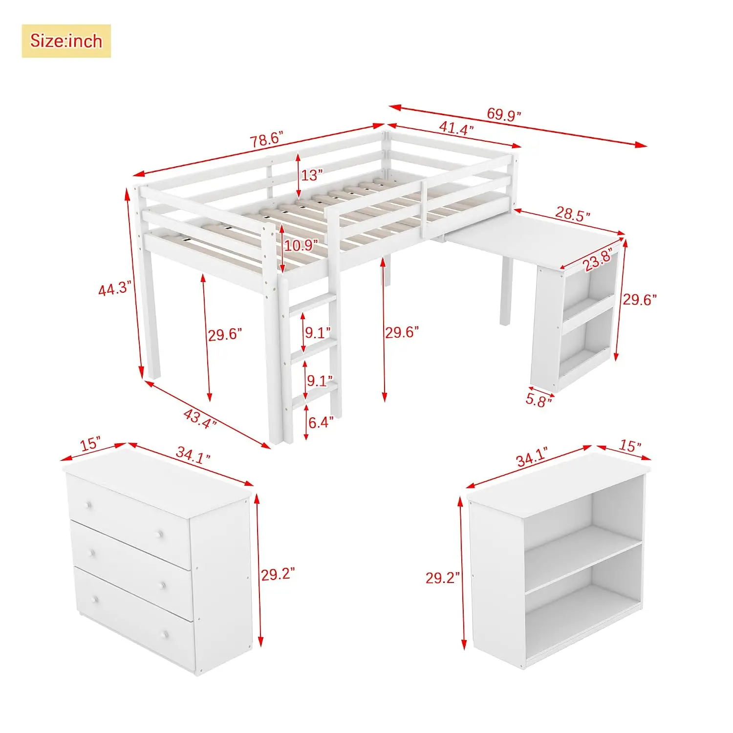 Loft Bed Twin Size, Solid Wood Low Loft Bed with Storage Drawer, Shelf Cabinet and Pulling-Out Desk, Rubber Wood, Customized