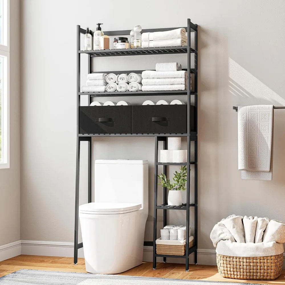 

Over The Toilet Storage Shelf - Bamboo Bathroom Organizer with Basket Drawer, Adjustable Shelf and Waterproof Feet Pad