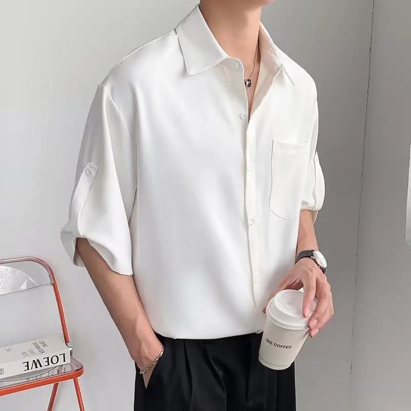 

Solid Color Ice Silk Shirts for Men Short Sleeve Summer Drape Lapel Button Korean Loose Business Casual Top High-end White Shirt