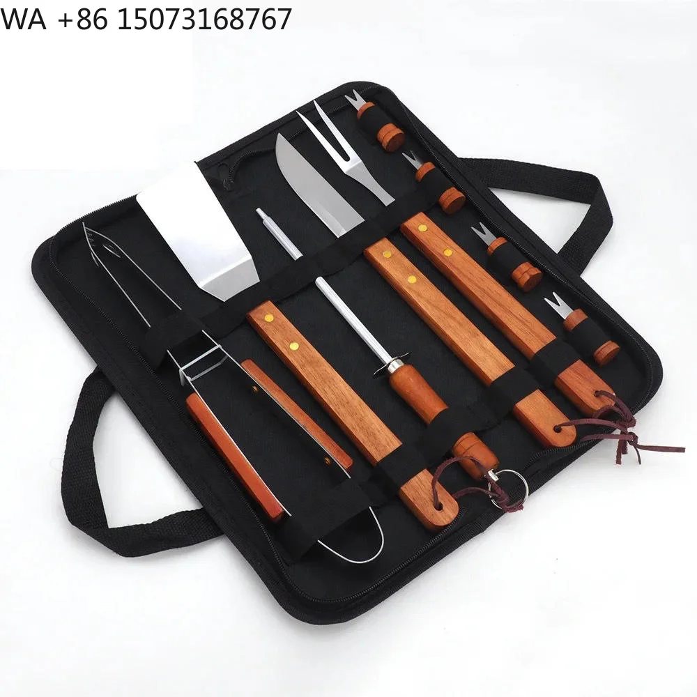 الجملة المحمولة مقبض خشبي الفولاذ المقاوم للصدأ أداة شواء مجموعة مع حقيبة حمل الشواء في الهواء الطلق #1