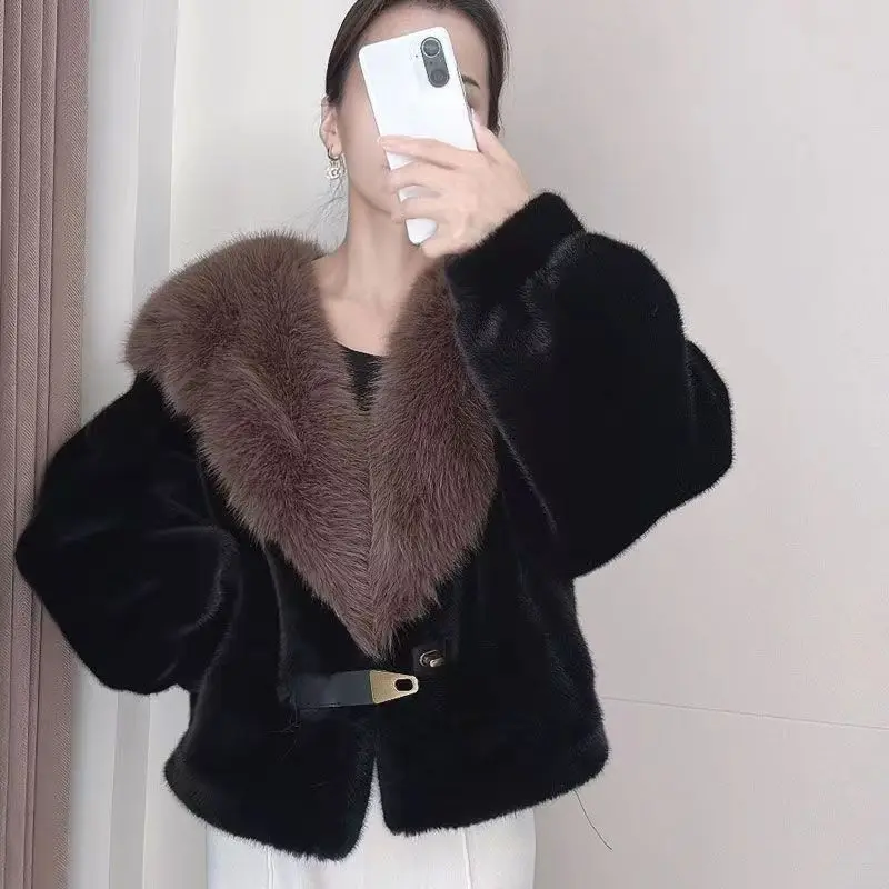 Women's New Lady Style Fashion High End Color Block Shawl Fur Collar V Neck Casual Faux Fur Warm Soft Fluffy Eco Friendly Coat