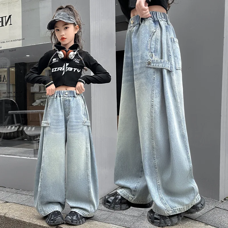 

Новые осенние джинсы для девочек-подростков в повседневном стиле, с высокой талией, широкими штанинами, свободные, в корейском стиле, синие джинсовые брюки
