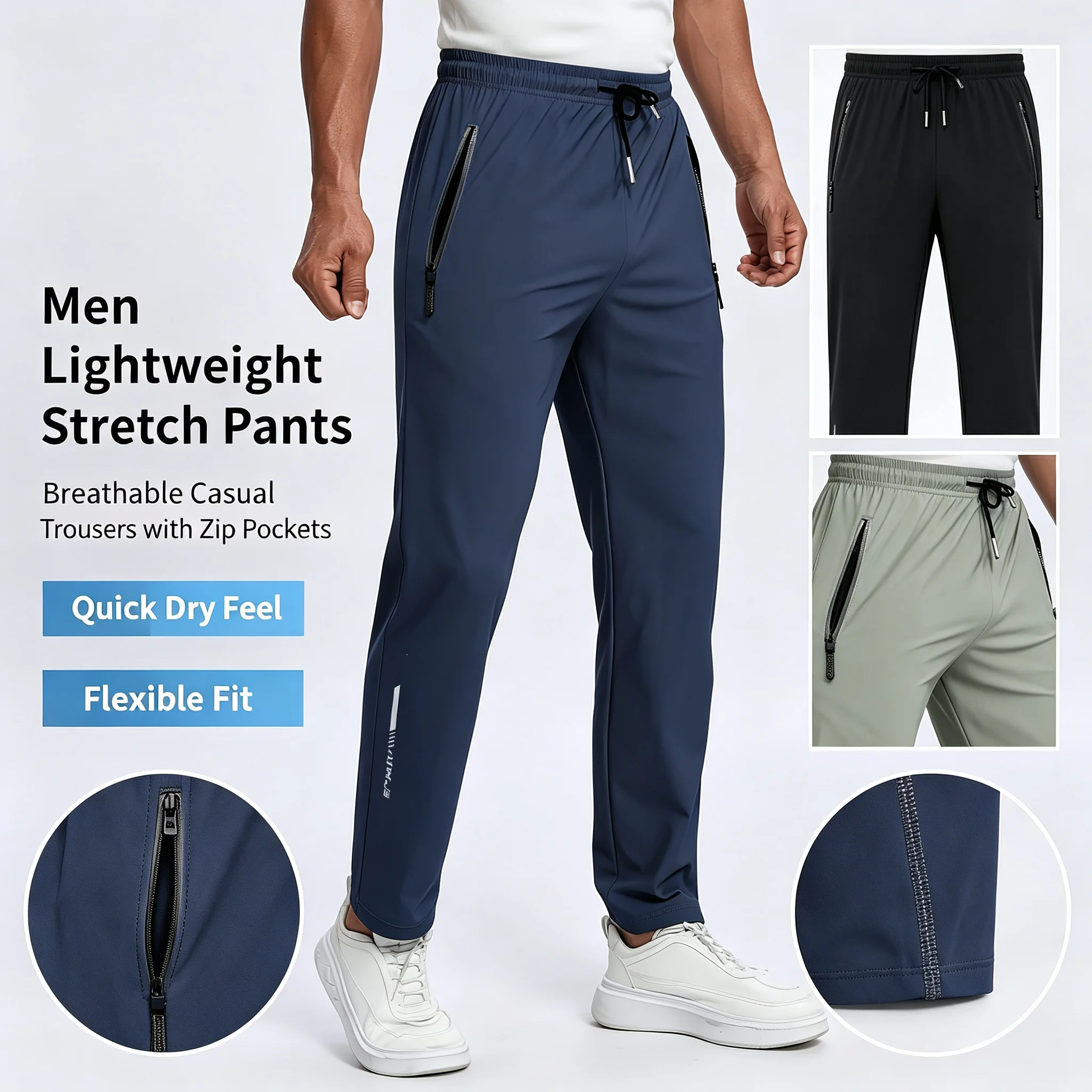 Men Breathable Quick Dry Sports Pants, Moisture Wicking Trousers with Reflective Print, Drawstring Pockets & Zipper Details, Outdoor Fitness Gym Casual Street Wear