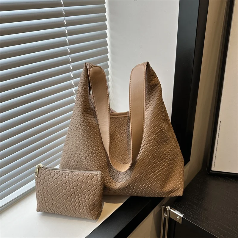 Chic Woven Pattern Pu Leather Tote Bag with Mini Coin Purses Handbags Shoulder Bags for Woman Daily Work Shopping Travel Commute