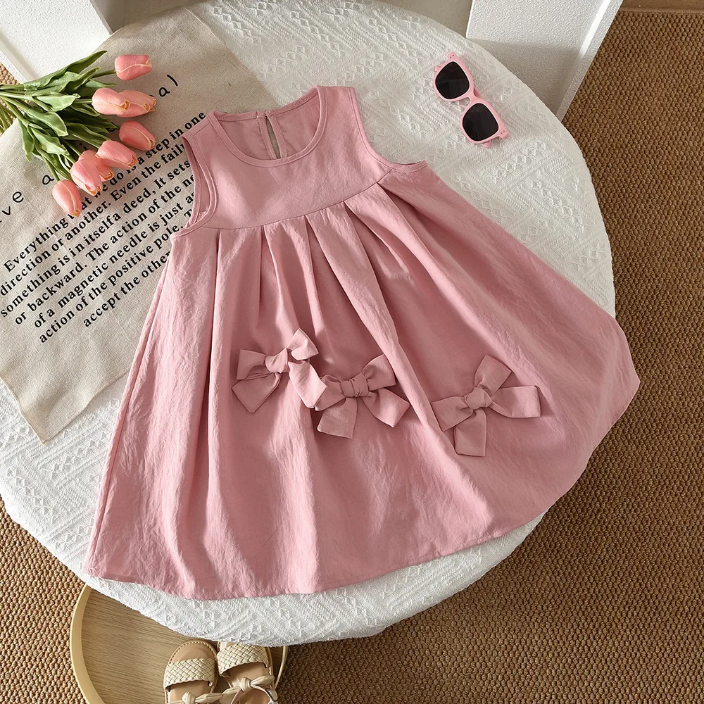 Summer New Pink Sweet and Cute Round Neck Sleeveless Vest Dress with Bow Decoration for Girls Aged 3-7 Daily Wear