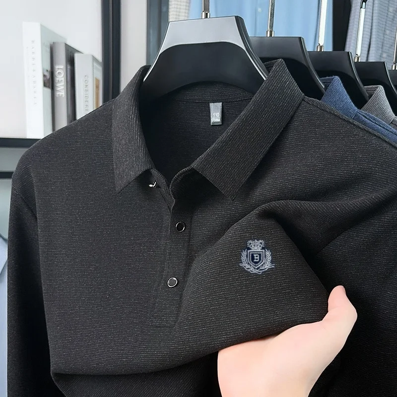 Men's Autumn Winter Fashion Embroidered Polo Shirt Skin Friendly Solid Color Long Sleeve T-Shirt Daily Comfort Office Men's Wear