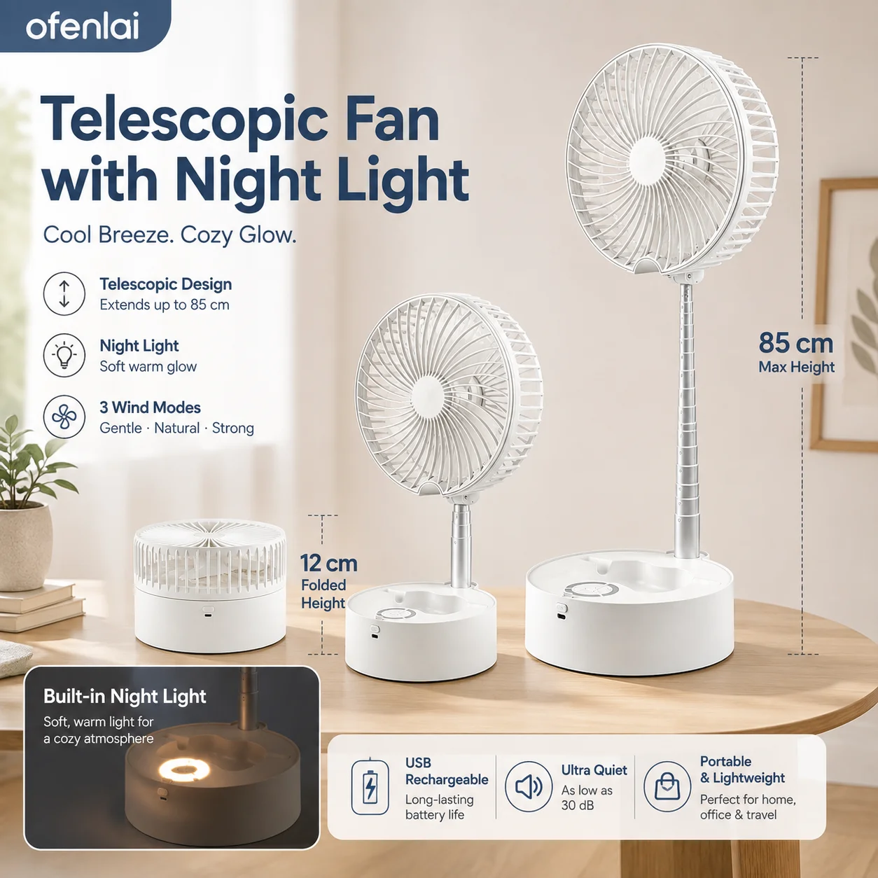 OFENLAI Foldable Portable Fan with Night Light 7200mAh USB Rechargeable Silent Mini Fan for Bedroom Office Travel