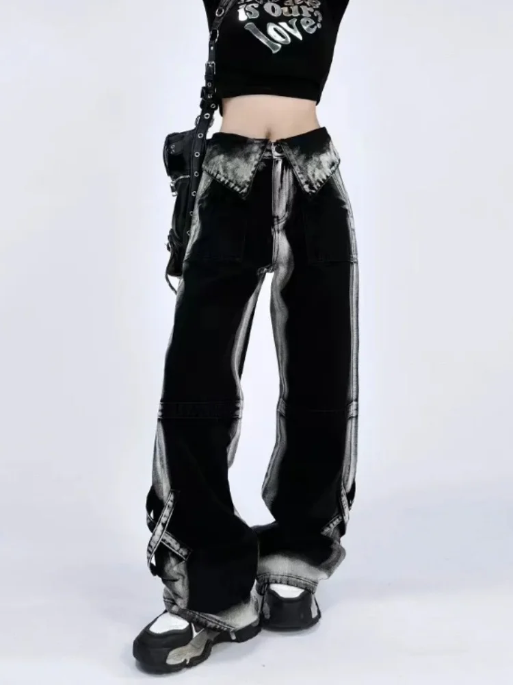 Y2Kコントラストカラージーンズ レディース ハイウエスト ファッション ワイドレッグパンツ 2025新作 カジュアル ストレートデニムパンツ