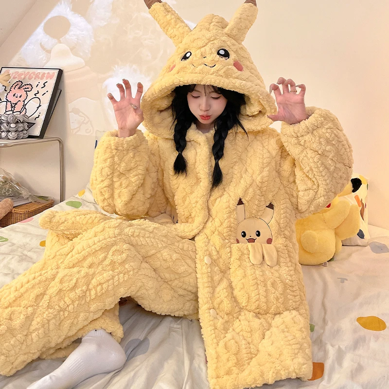 cute-cartoon-pokemon-pikachu-women's-pajama-set-winter-thickened-coral-fleece-warm-hooded-home-clothing-friend's-holiday-gift