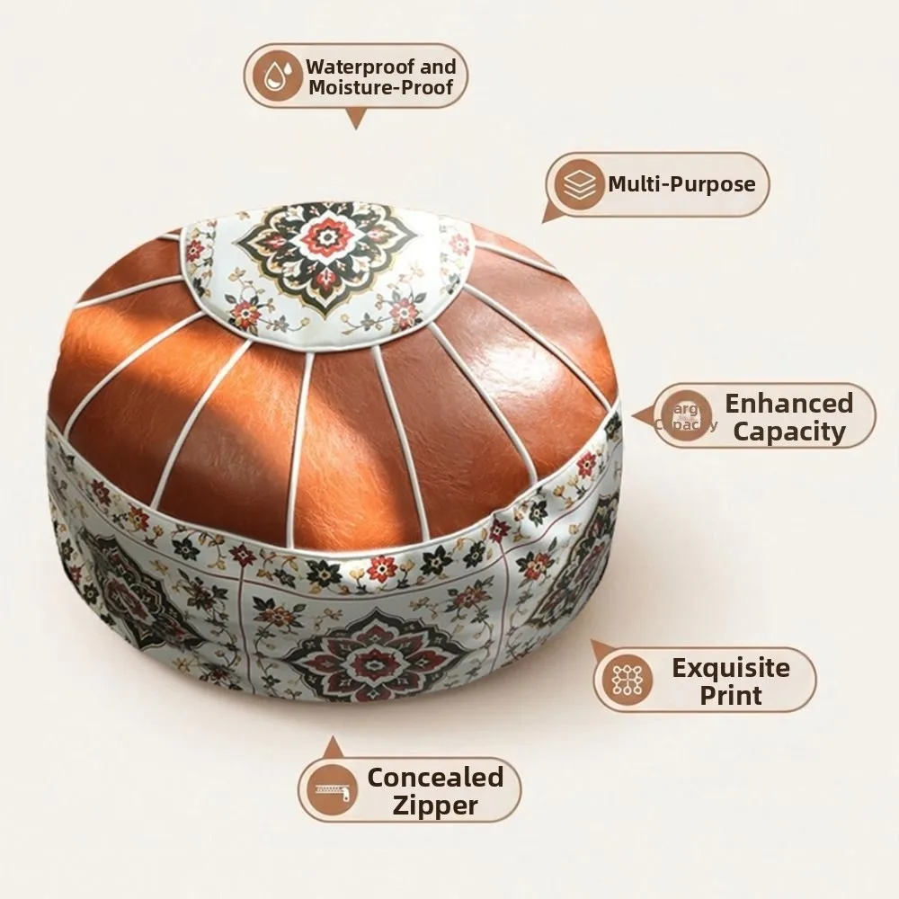Boho Pattern Ottoman Pouf Fillable Design Large Opening Footstool Cover PU Leather Water Resistant Storage Ottoman Living Room
