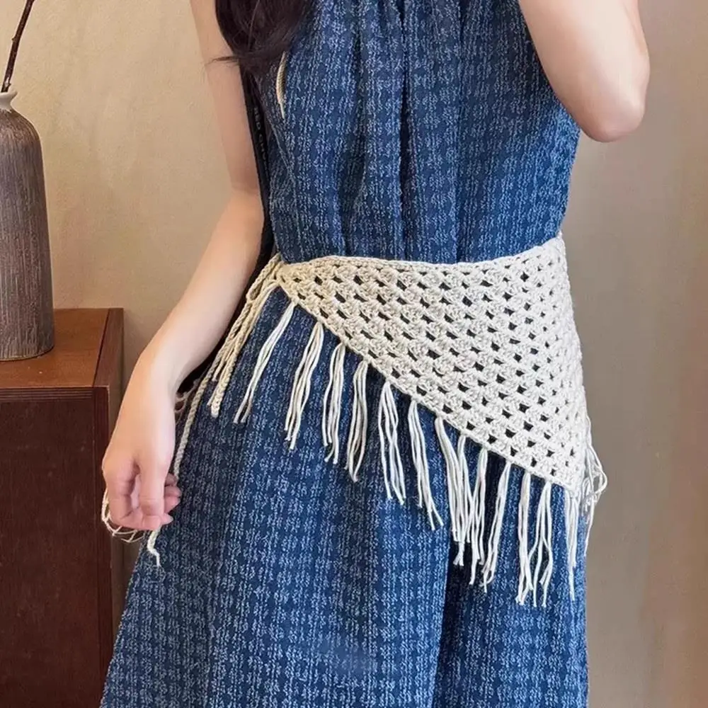 Jilbab Bunga Rajutan Berongga Mode Syal Rambut Segitiga Rumbai Bohemian Rok Setengah Bersabuk Musim Panas Pembungkus Syal Rambut Berlapis