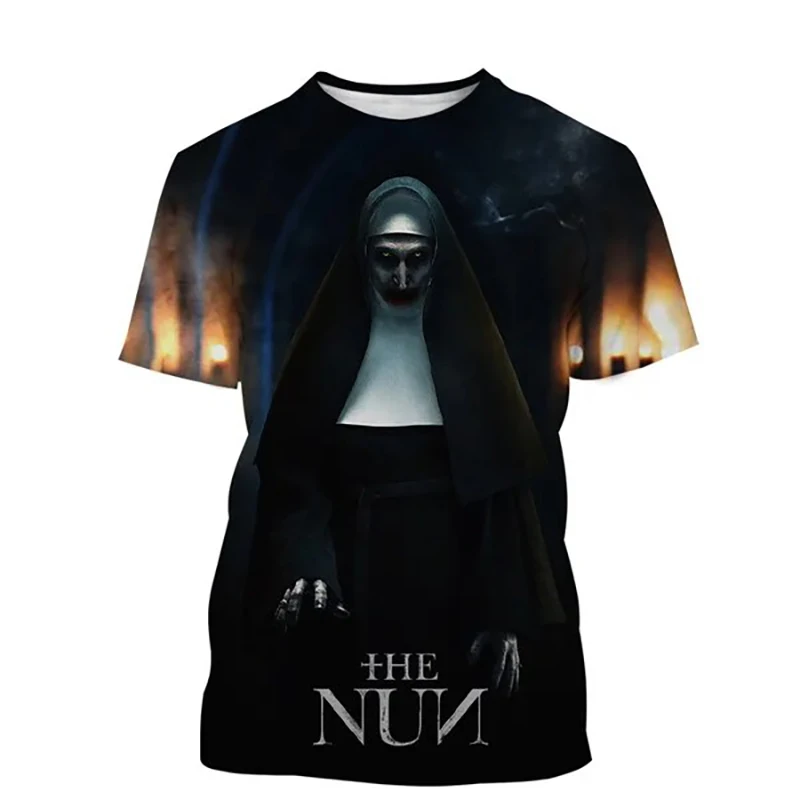 فيلم الرعب الراهبة ثلاثية الأبعاد تي شيرت مطبوع الرجال النساء موضة س الرقبة قصيرة الأكمام تي شيرت المتضخم Harajuku تيز القمم الذكور الملابس