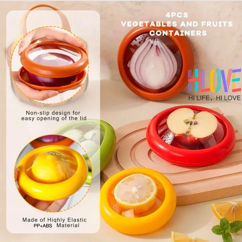 Conservas de frutas y verduras Contenedores con tapa transparente - Protectores sellados rojo, verde, naranja y amarillo para aguacate, tomate, cebolla, limón