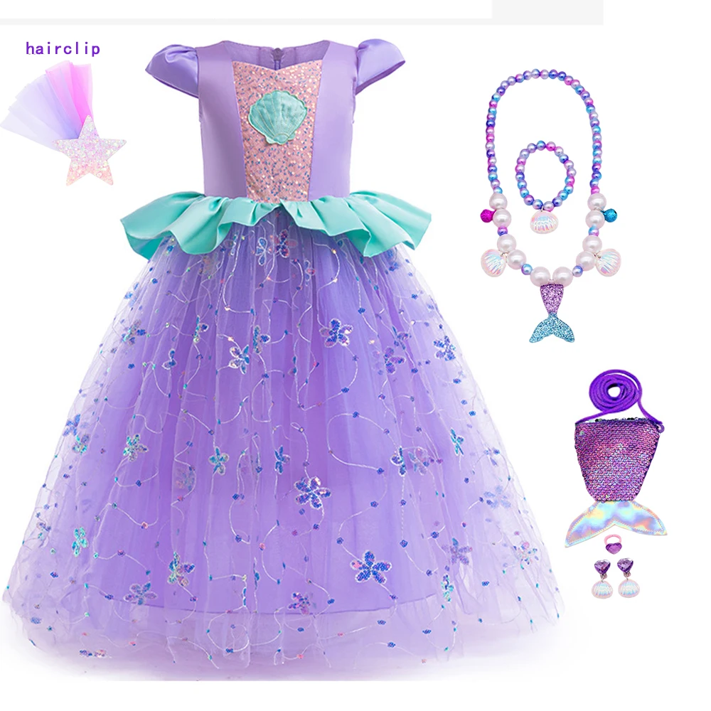 

Girls Princess Mermaid Ariel Dress Carnival Outfit for Girls 2-piece Sets and Necklace earrings ring crown Birthday Party Clothe