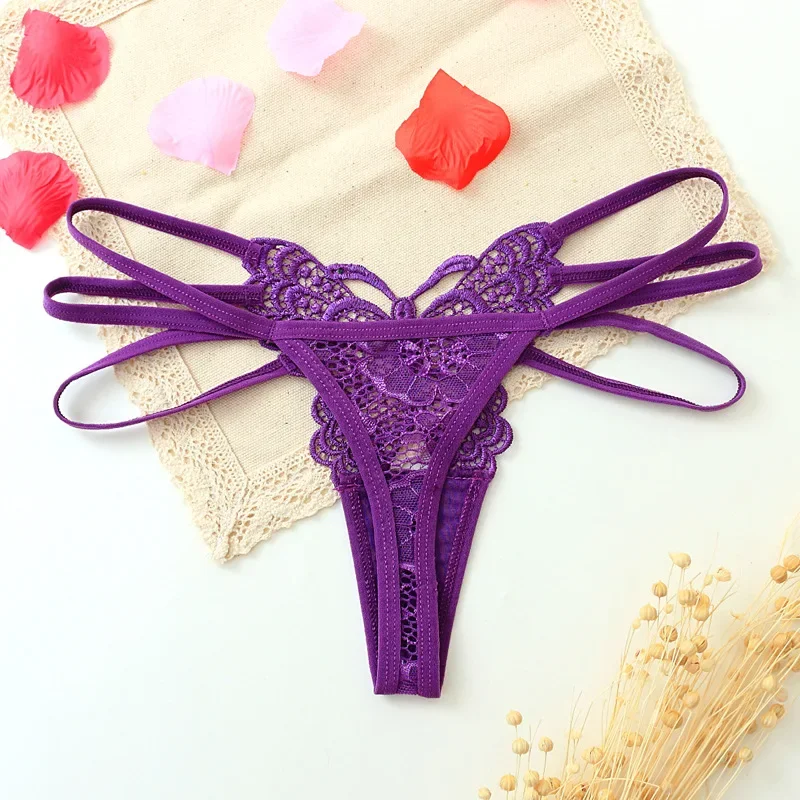 Sexy Hot G-string Double Thin Straps Panties Lace Hollowed High Slit Thongs Butterfly Fun Underwear T-back Underpants Wholesale