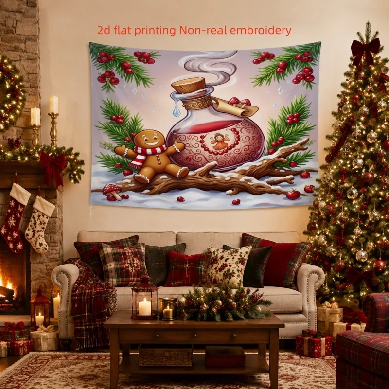 2D Flat,1pc Printed Tapestry, Christmas Gingerbread Man Magic Bottle Pattern, Holiday Wall Decor, for Living Room,Bedroom