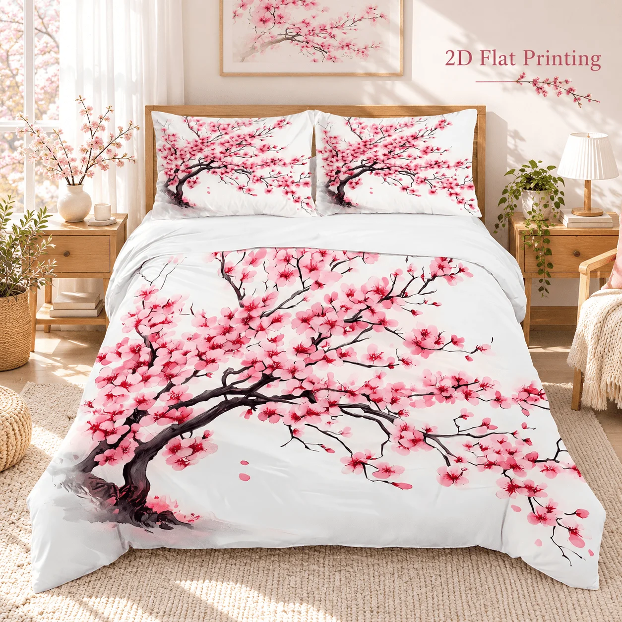 Romantic Cherry Blossom Tree Print Quilt Set, 1 Duvet Cover + 2 Pillowcases, Three-Piece Bedding Set, Suitable for All Seasons, Machine Washable, Invisible Zipper Double Bed Cover, Suitable for Home, Dormitory, Master Bedroom, Guest Room, Cartoon Dreamy Rainbow Cloud Print, Large Duvet Cover Bedding Set, Fresh Floral Heart Pattern Bedding, Hot-Selling Ins-Style Bedding Three-Piece Set, Soft and Skin-Friendly Bedroom Bed Cover Set, Girly Unicorn Bedding, Home Use Bedding
