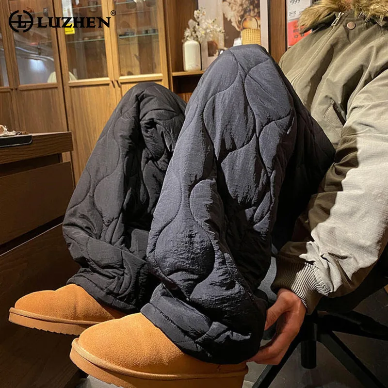 

LUZHEN 2025 Winter Fashion Plaid Embroidery Thickened Warm Straight Casual Pants Men's Trendy Brushed Liner Male Trousers JY4862