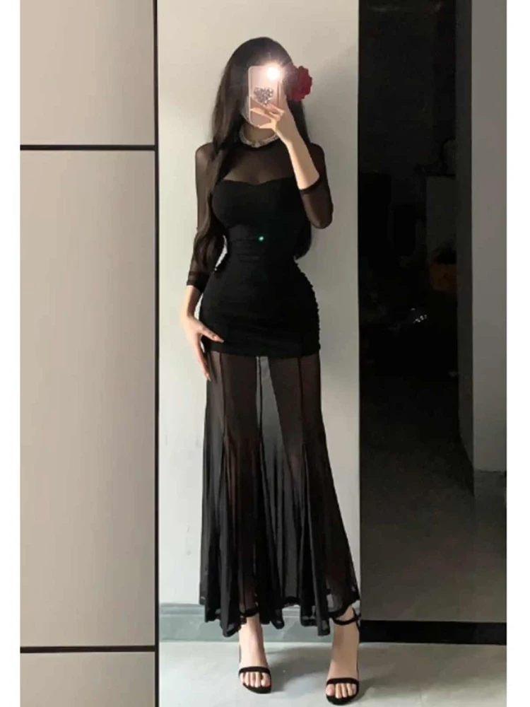 فستان أسود أنيق بتصميم شبكي للنساء، تنورة طويلة بتصميم ذيل السمكة، مخصر ومشدود للجسم، مناسب للخريف، على الطراز الكوري، مثالي ...