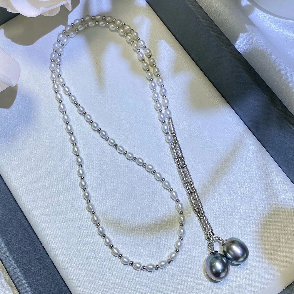 

S925 Sterling Silver Real Pearl Necklace Sweater Chain with 3-4mm Freshwater Pearls and 10-11mm Tahitian Seawater Black Pearls