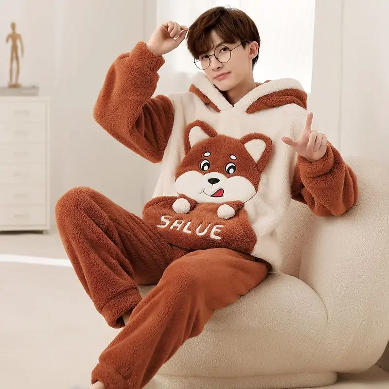 

2024 New Warm Pajamas Men's Autumn Winter Coral Velvet Sleepwear Younger Thicken Plus Size Flannel Youth Cartoon Loungewear Set