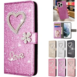 Love Wallet Flash Diamond Luxury Case Flip Glow Cover For iPhone 16 15 Plus 14 13 Pro Max 12 Mini 11 X XR XS Max 7 8