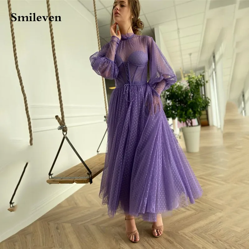 

Smileven Purple Dots Tulle Prom Gowns A Line Long Puff Sleeve High Neck Evening Dress Ankle Length Prom Party Dresses 2023