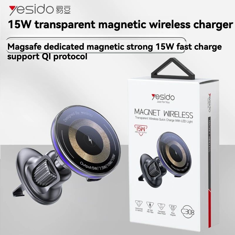 حامل هاتف السيارة المغناطيسي من Yesido بقدرة 15 وات، فتحة تهوية لتكييف الهواء، شحن لاسلكي، ضوء محيط، حامل شحن سريع