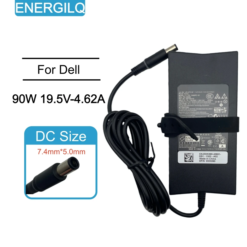 Adaptador de Carregador para Laptop 90W 19.5V 4.62A 7.4*5.0mm para Dell Inspiron 15R 17R N4030 M5110 D830 E6500 PA-3E Cabo de Alimentação