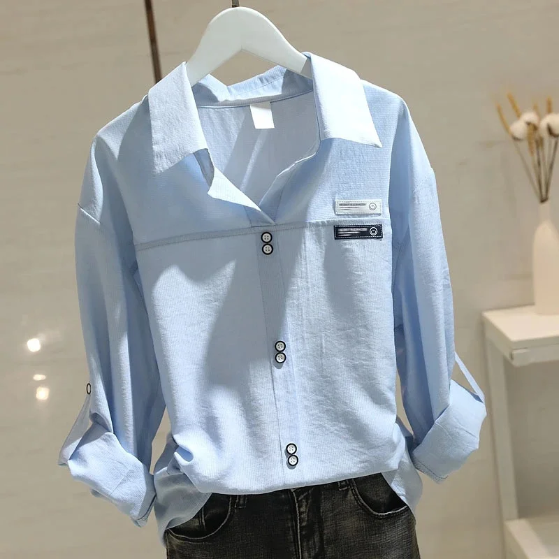 

Женская рубашка-блузка, новинка 2023 года, весна-лето-осень, белая, синяя, с длинными рукавами, свободная универсальная повседневная рубашка, топ женский