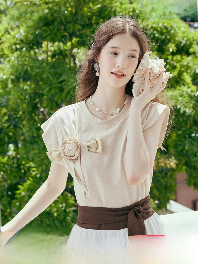 

Новая женская летняя футболка из хлопка с объемным цветочным узором, повседневная, свободного кроя, с круглым вырезом