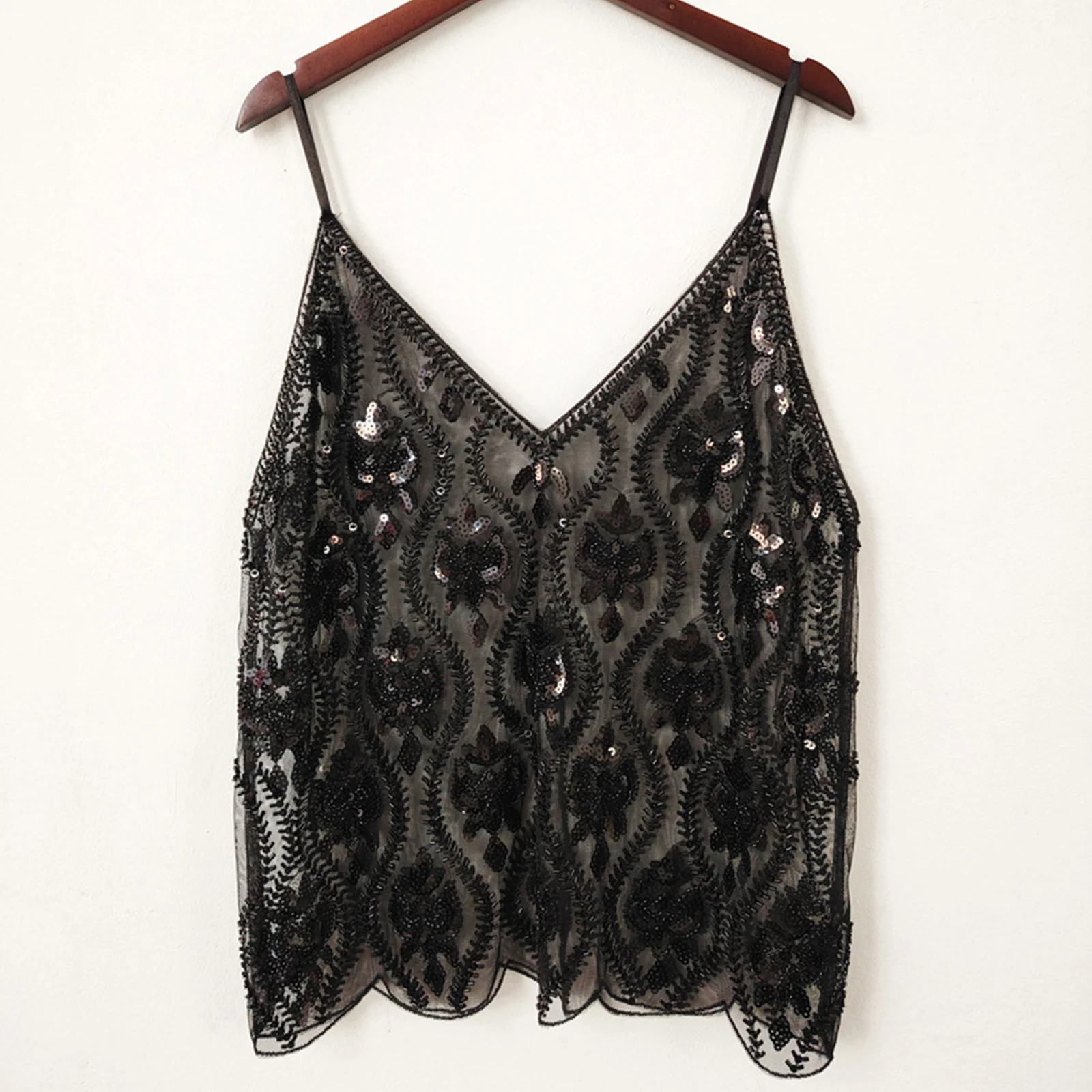 Women's Summer Slim Camisole Sparkly Sequin Spaghetti Strap V-Neck Sheer Mesh Tank Tops Streetwear