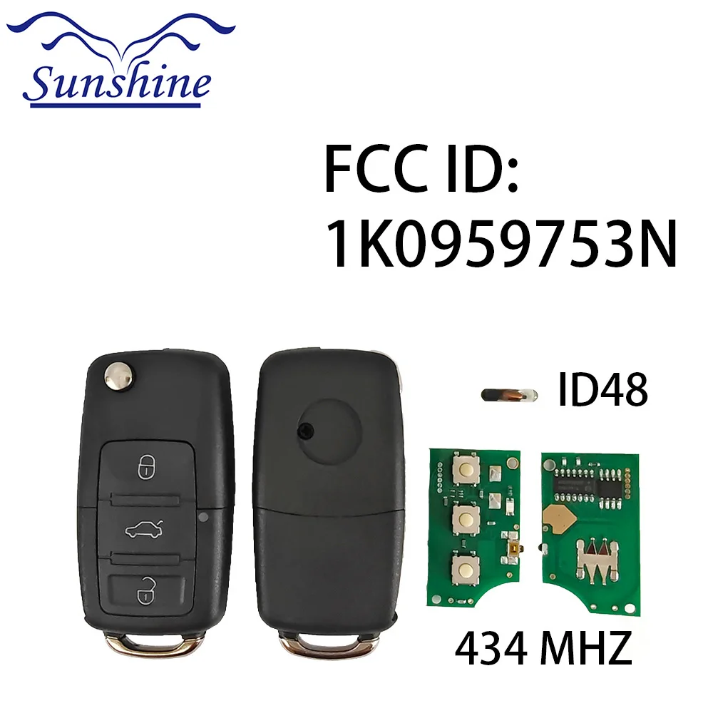 

Sunshine 1K0959753N 3BTN 434 MHZ ID48 Chip Smart Remote Car Key Fob For Volkswagen VW Golf 5 Jetta Tiguan Polo With HU66 Blade