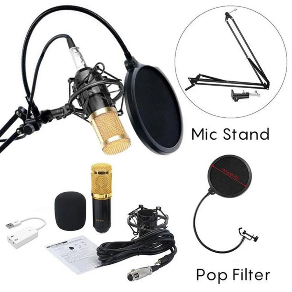 

BM-800 Professional Studio Broadcasting Recording Condenser Microphone with Mental Mount Phone Stand Filter and Sound (Black Gol