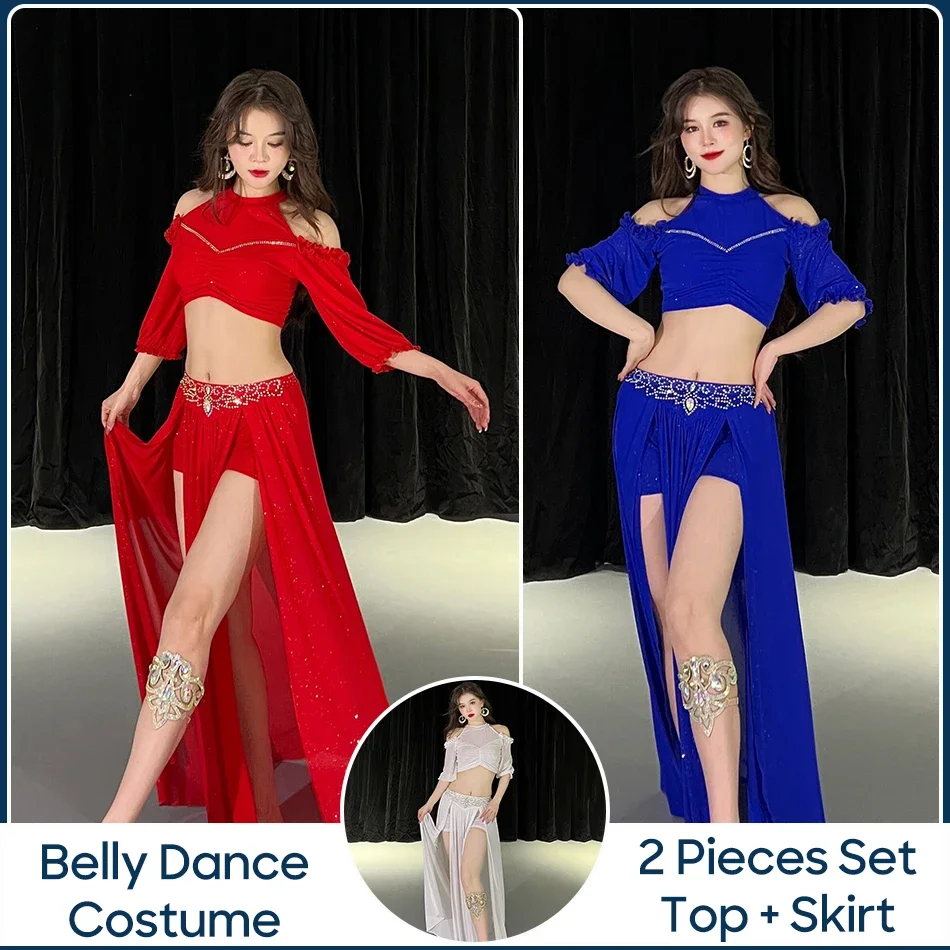for Women 2 Pieces Set Belly Dance Costume Top + Skirt Mesh Stage Performance Practice Clothes Dance Outfit Clothings Suit