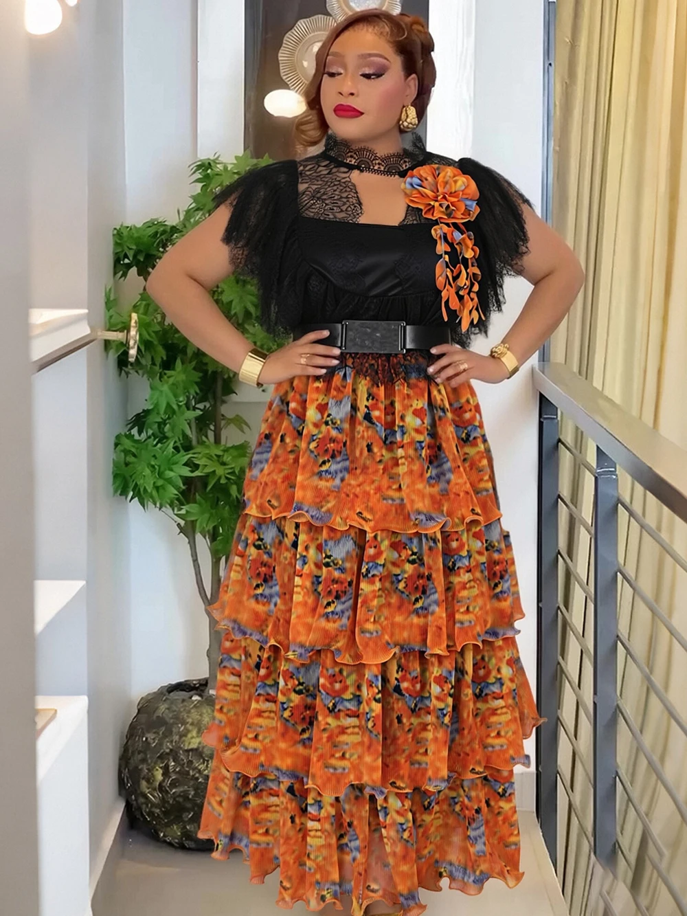 Elegant Women Chiffon Dresses Wedding Party Evening Gown Dashiki Print Pleated Maxi Dress Birthday Clothes African Turkey Robes