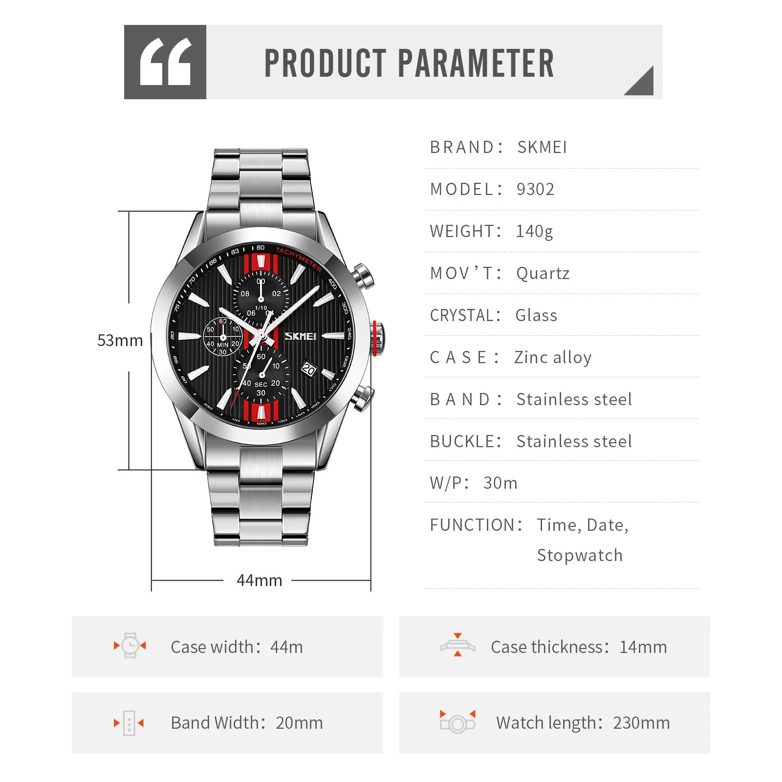 Skmei-多機能スポーツストラップ,防水,ステンレス鋼,9302