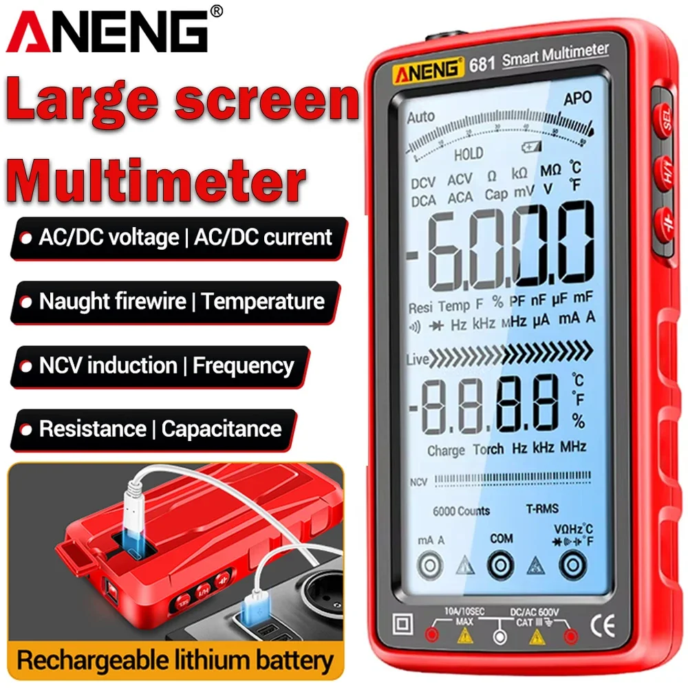 

Rechargable Digital Multimeter ANENG 681 Professional Non-contact Voltage Tester AC/DC Voltage Meter LCD Screen Current Tester