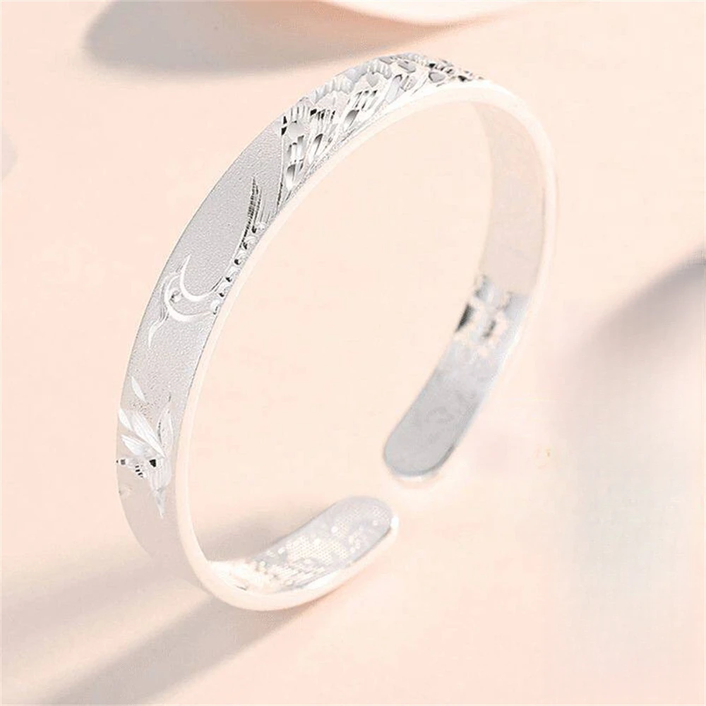 S999 Pure Silver Open Women's Bracelet with Phoenix Relief Design - Free Custom Carving, Chinese Auspicious Floral Jewelry Gift