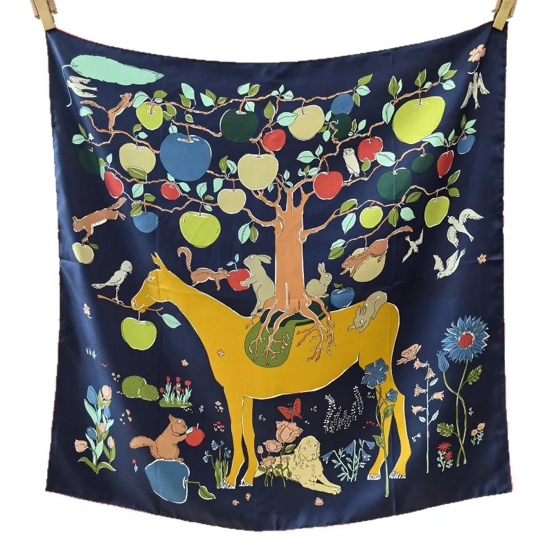 100% MULBERRY SILK Scarf 90x90cm Navy Fairytale Horse Fruit Tree Animal Print Square Scarf Women Shawl Headscarf Decor Gift