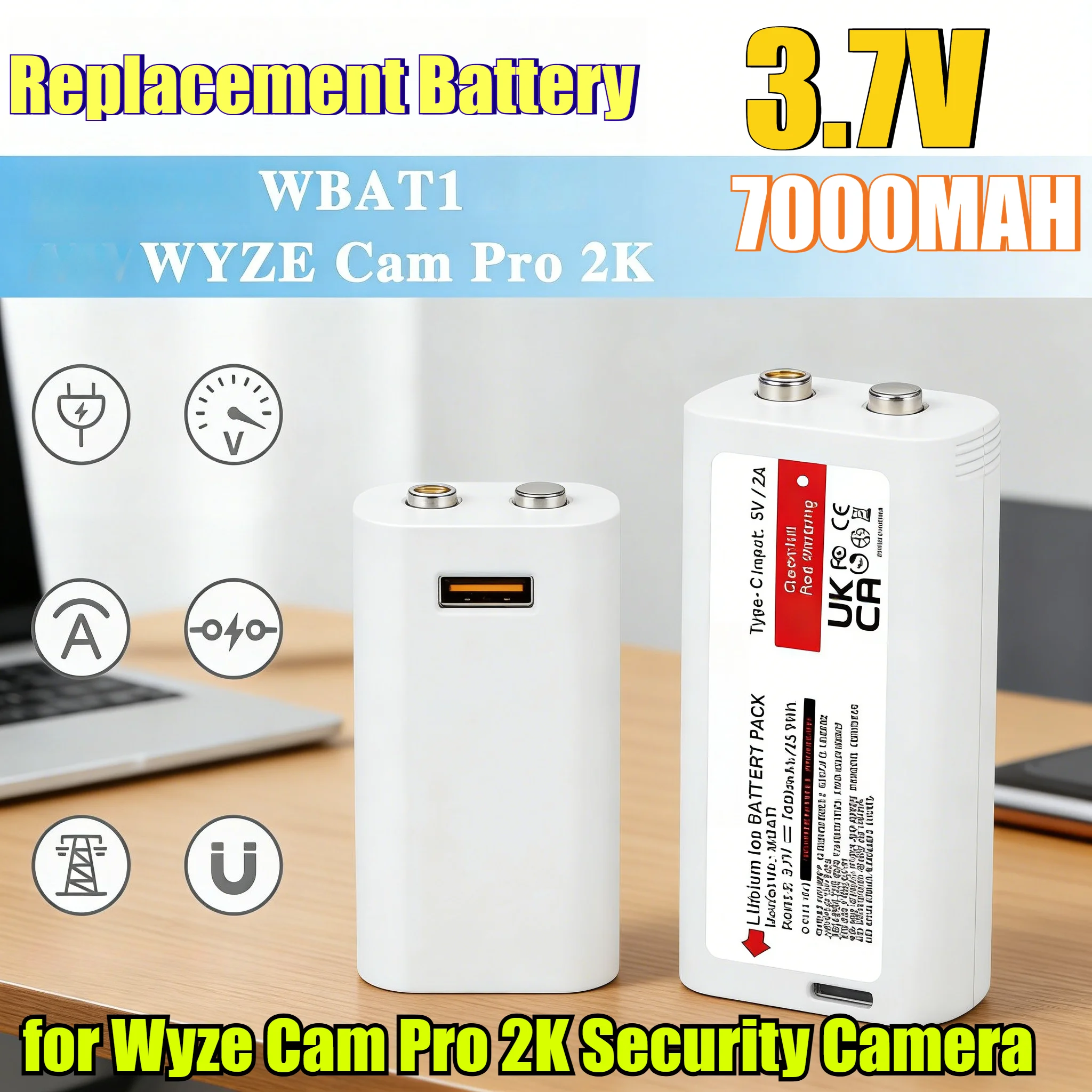 7000mAh High Capacity Li-ion Replacement Battery WBAT1 for Wyze Cam Pro 2K Security Camera - Extended Outdoor Power with Design
