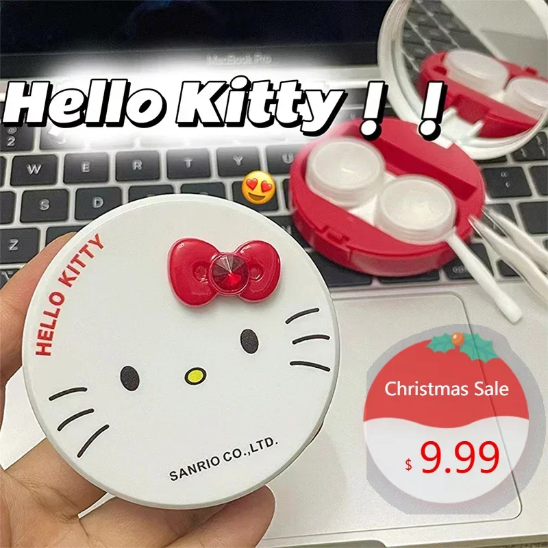 

Sanrio Anime Peripheral Hello Kitty Cat Portable Mirror Contact Lens Box Cartoon Cute Travel Easy Carry Storage Container