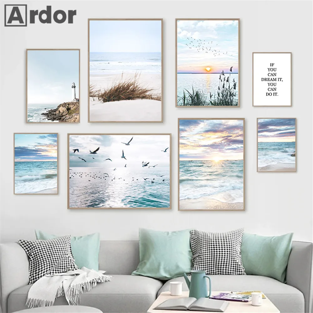 

Sunset Canvas Poster Beach Art Prints Seagull Painting Sea Wave Nature Landscape Posters Nordic Wall Pictures Living Room Decor