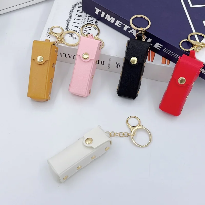 PU Leather Lipstick Protective Case Keychain Portable Makeup Bag Keychain Pendant with Mini Flower Mirror Keychain Women's Gift view 5